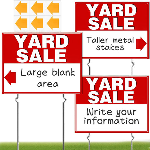 Remiawy Yard Sale Signs, 3 Pack Yard Signs with Metal Stakes, 17x13 Inch Double Sided Large Garage Sale Kit with Directional Arrows Stickers Weatherproof Corrugated Plastic for Event