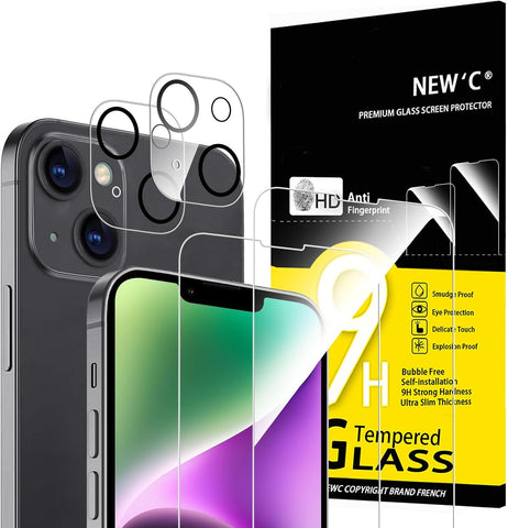 NEW'C 4 Pack, 2 Pack for iPhone 14 Screen Protector (6.1 inch) + 2 Pack Camera Lens Protector, Sensor Protection,Case Friendly Tempered Glass Film