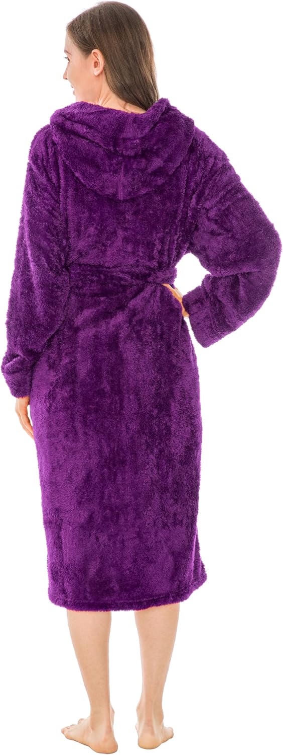 PAVILIA Womens Hooded Sherpa Fleece Robe, Long Plush Bathrobe Spa Housecoat