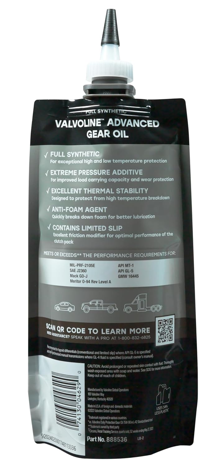Valvoline Flexfill SAE 75W-90 Full Synthetic Gear Oil 1 QT, Case of 4