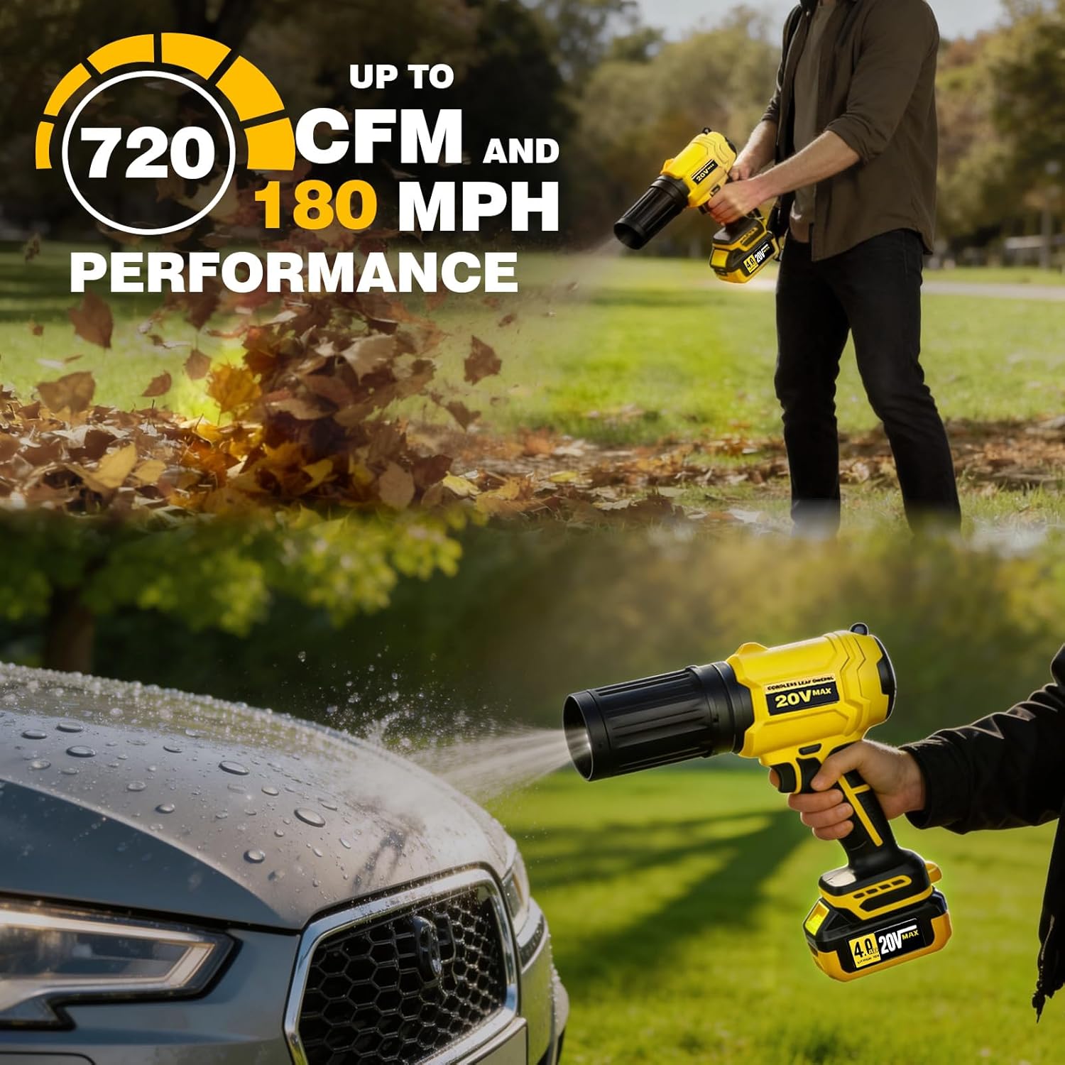 Cordless Leaf Blower for DEWALT 20V Max Battery, 720-CFM 180-MPH Handheld Electric Brushless Dust Blower with Light, Battery Powered Leaf Blowers for Patio, Lawn Care, Leaves (4.0Ah Battery Included)