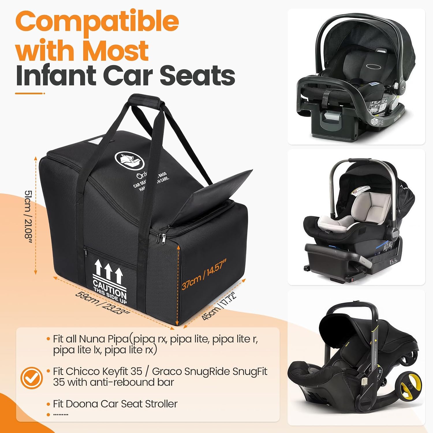 Orzbow Padded Infant Car Seat Bag Fit Carseat and Anti-Rebound Base, Black