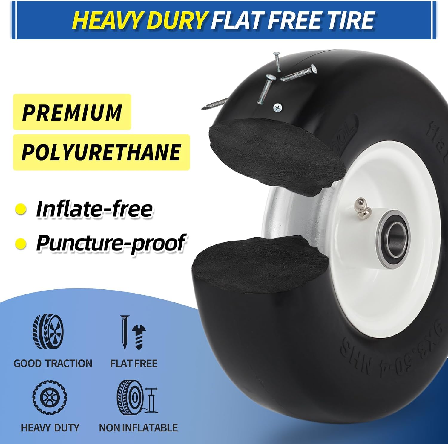 GICOOL 9x3.50-4 Zero Turn Mower Flat Free Tire and Wheel Assembly, Smooth Tread Front Tires for ZTR Mowers, 1/2'' & 3/4" & 5/8" Bearing Bore, Adjustable Centered Hub Length 3.5"-4"-4.5"-5", 2-Pack