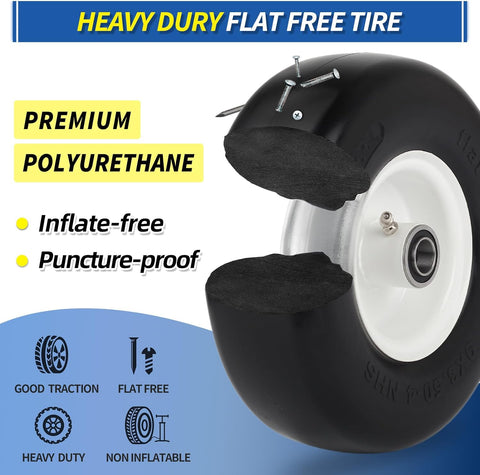 GICOOL 9x3.50-4 Zero Turn Mower Flat Free Tire and Wheel Assembly, Smooth Tread Front Tires for ZTR Mowers, 1/2'' & 3/4" & 5/8" Bearing Bore, Adjustable Centered Hub Length 3.5"-4"-4.5"-5", 2-Pack