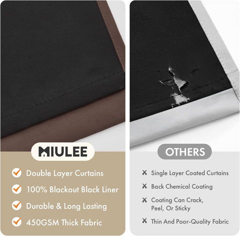 MIULEE Dark Brown 100% Blackout Curtains for Bedroom 90 Inch Long 2 Panels