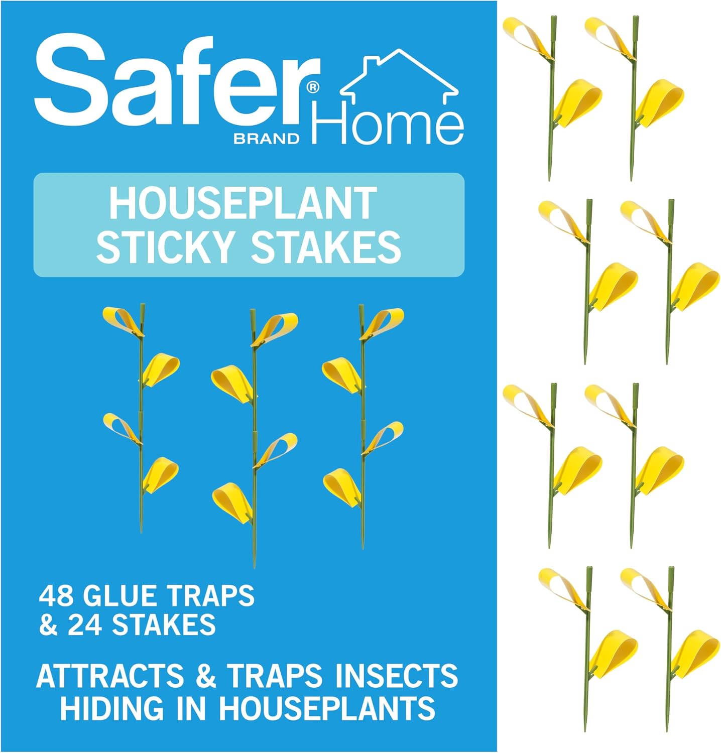 Safer Brand Home SH5026-3SR Houseplant Sticky Stake Insect Traps for Indoor Plants - 48 Traps Included - Controls Aphids, Whiteflies, Fruit Flies, Fungus Gnats, and Other Insects