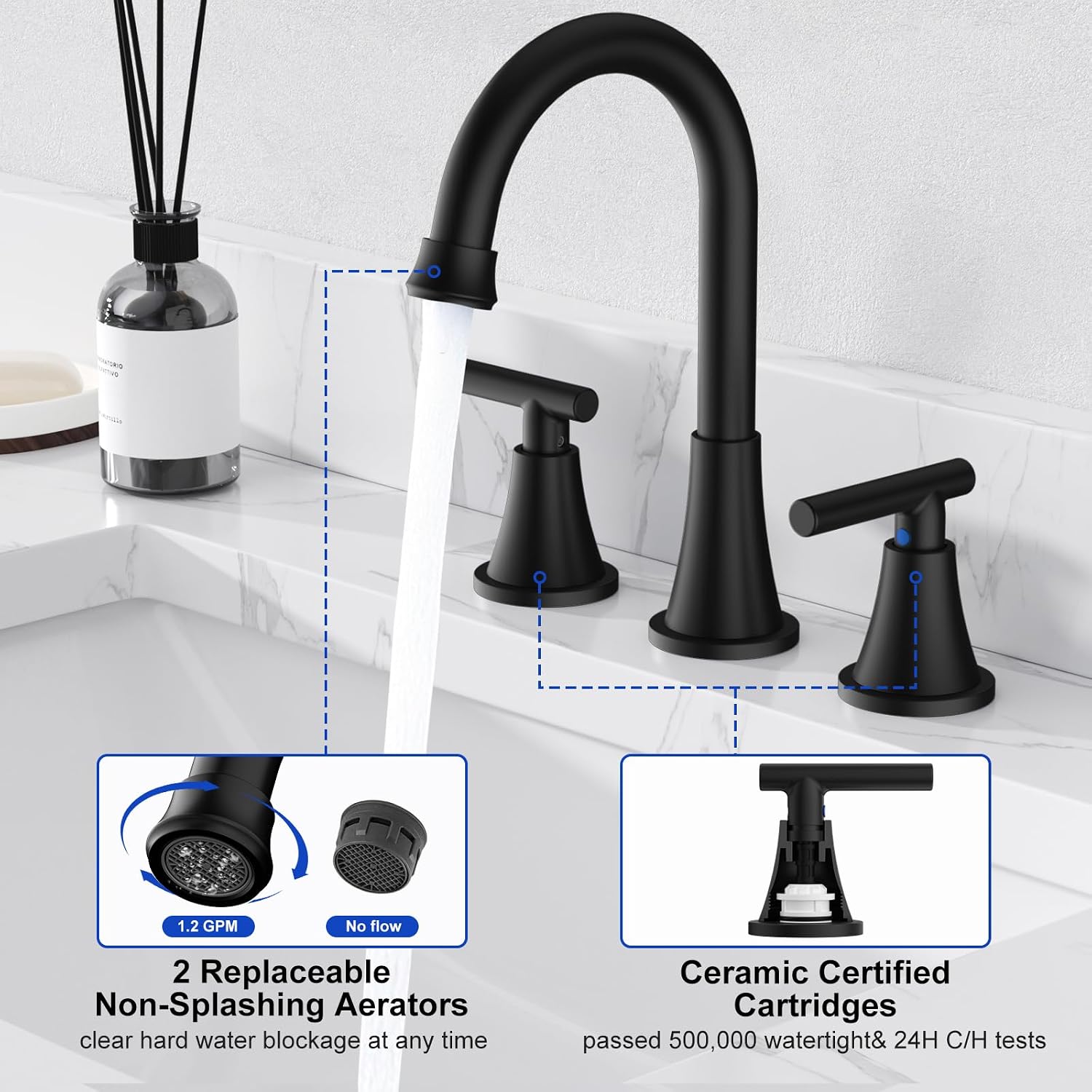 Bathroom Faucet 3 Hole, Matte Black Faucets with Drain and Supply Lines