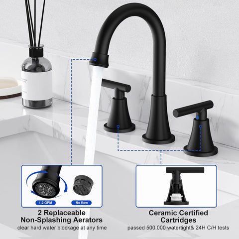 Bathroom Faucet 3 Hole, Matte Black Faucets with Drain and Supply Lines