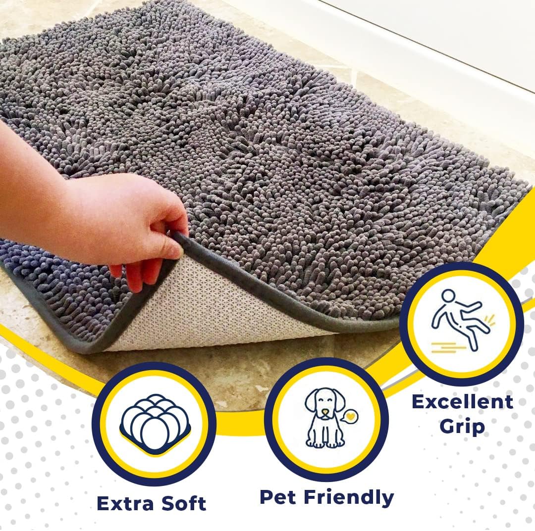 Muddy Mat® | Super Water Absorbent Door Mat Indoor, Microfiber Quick Dry Chenille Entryway Rug, Slip Resistant Front Door Mat, Indoor Mats for Entryway, Machine Washable Pet Rug, Grey 30"x19"