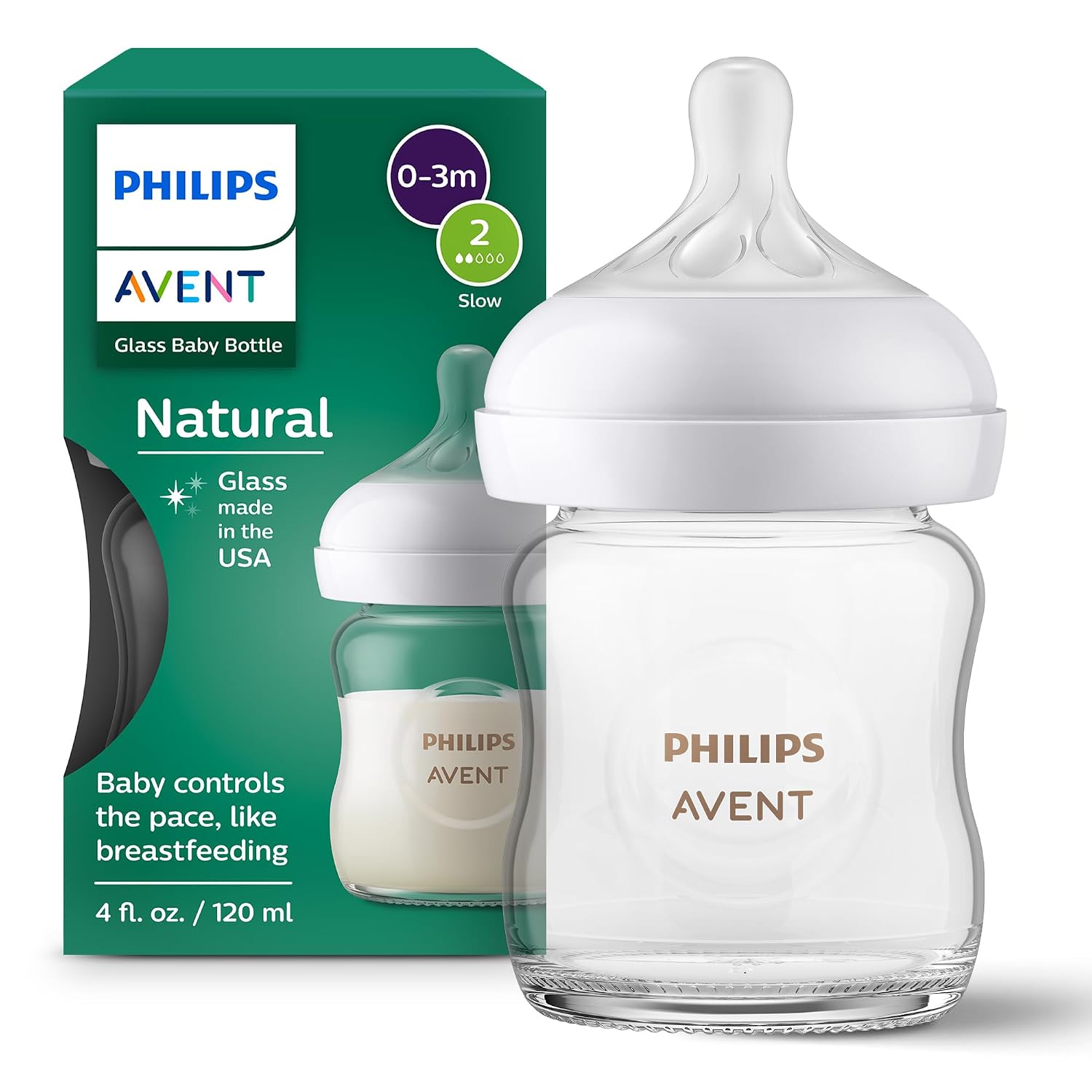 Philips Avent Natural Glass Baby Bottle, Slow Flow, 4 oz, BPA-Free, 1-Pack
