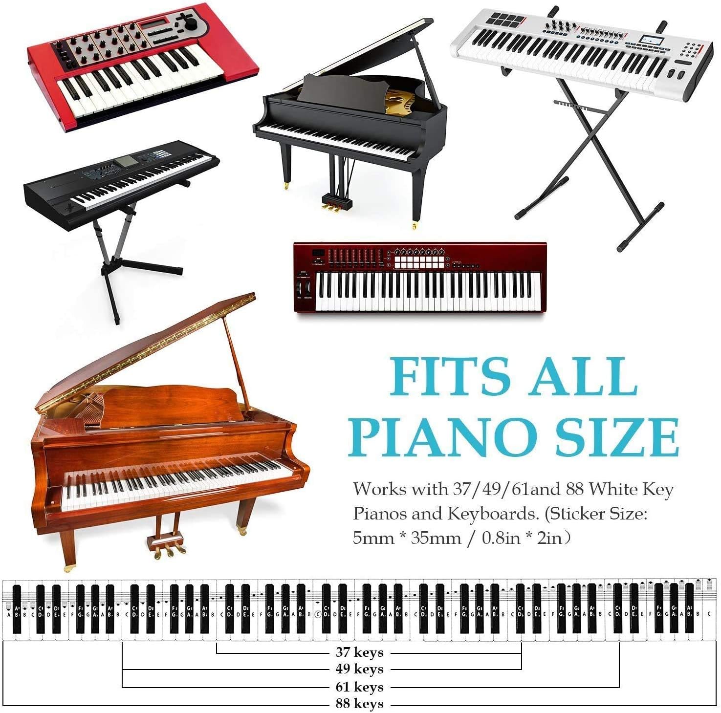 Piano Keyboard Stickers for 88/61/54/49/37 Keys, Black