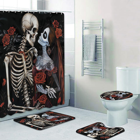 Halloween Shower Curtain and Rugs Bathroom Sets, 4 Pcs Red Rose Skull Couple with Sugar Kiss Flower Bath Decor,Black Waterproof Tub Curtains Mats/U-Shape Rug Toilet Cover Hooks (Y6)