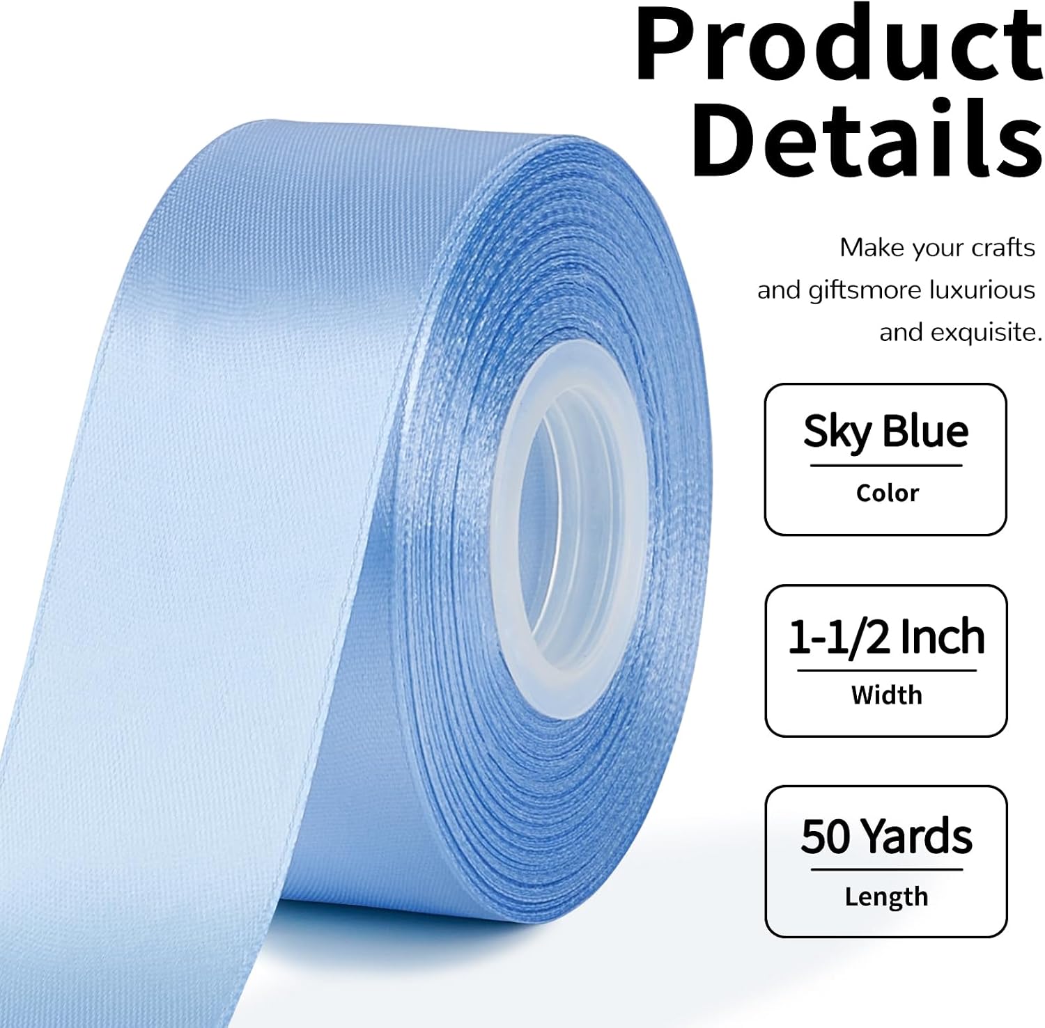 Mauproy Sky Blue Satin Ribbon, 1-1/2 Inch, 50 Yards