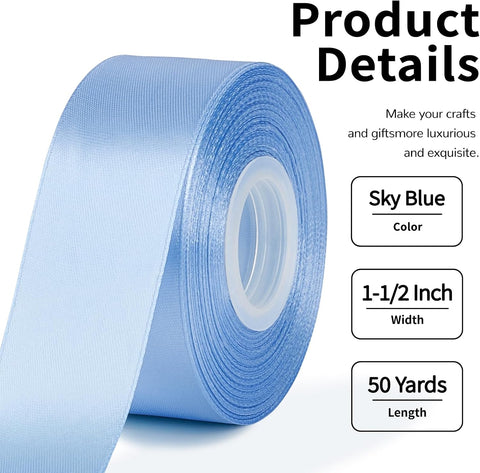 Mauproy Sky Blue Satin Ribbon, 1-1/2 Inch, 50 Yards