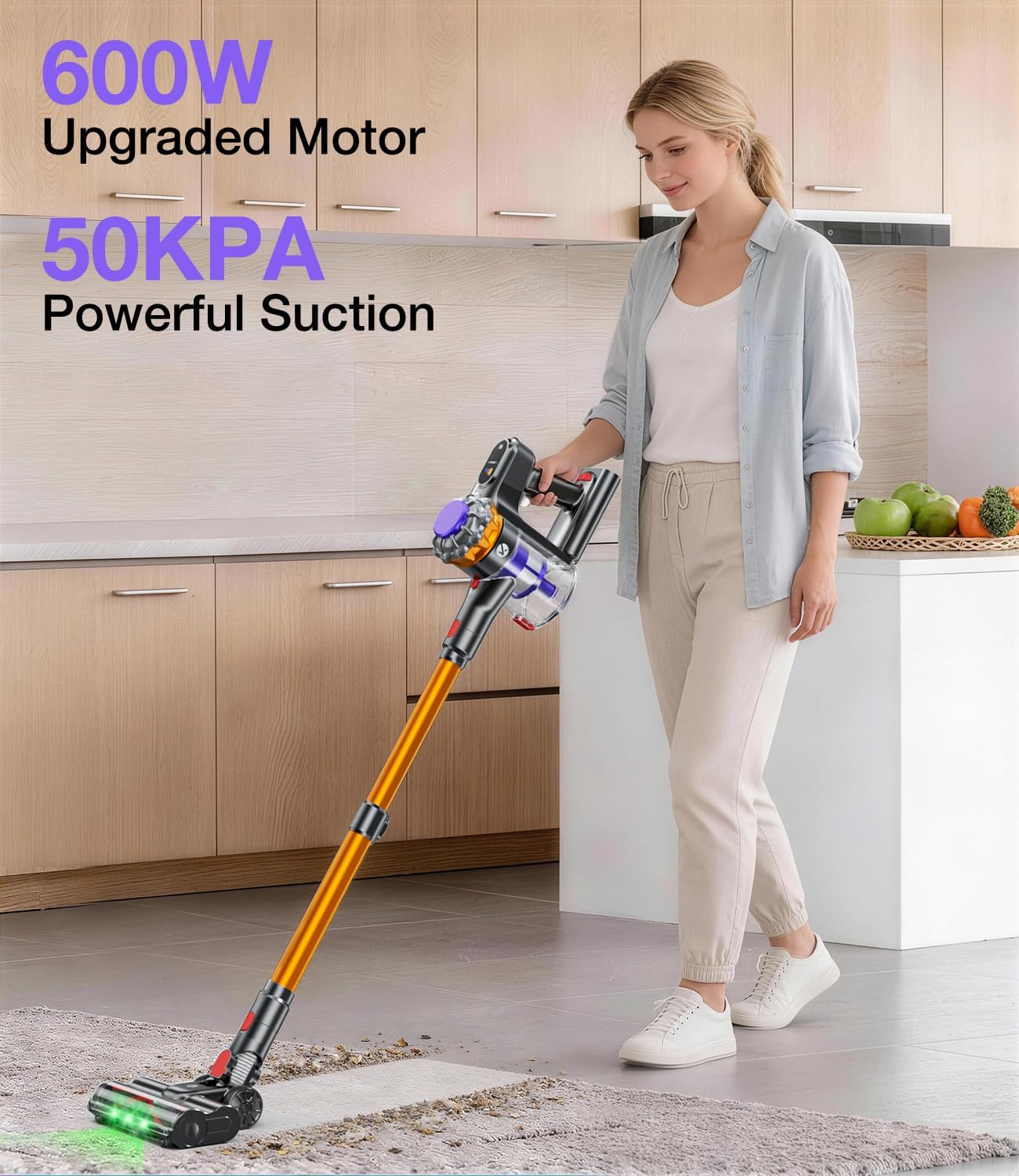 Cordless Vacuum Cleaner, 600W 50KPA Vacuum Cleaners for Home, 65Mins Stick Vacuum Cordless with Self-Standing, LED Display & Anti-Tangle, Lightweight Wireless Vacuum for Pet Hair/Carpets/Floors