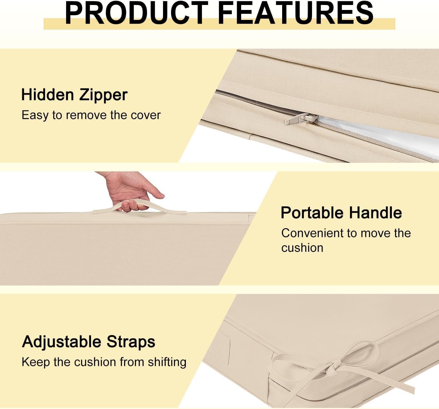 downluxe Waterproof Outdoor Chair Cushions Set of 2, 19" x 19" x 3" Patio Chair Cushion with Non-Slip Ties & Handle, Square Outdoor Cushion for Patio Furniture with Removable Cover, Beige