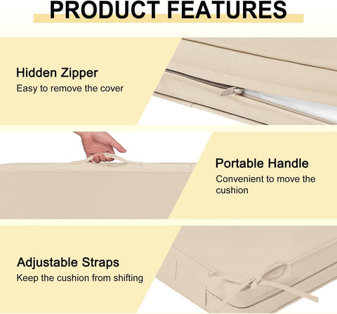 downluxe Waterproof Outdoor Chair Cushions Set of 2, 19" x 19" x 3" Patio Chair Cushion with Non-Slip Ties & Handle, Square Outdoor Cushion for Patio Furniture with Removable Cover, Beige