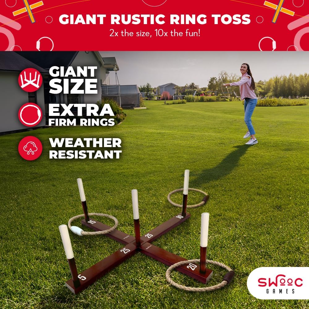 Swooc Games - Rustic Ring Toss Game (All Weather) - Easy Setup & Extra Games Included - Ring Toss Game for Adults - Outdoor Activities for Adults - Yard Toys for Kids - Backyard Fun - Outdoor Party