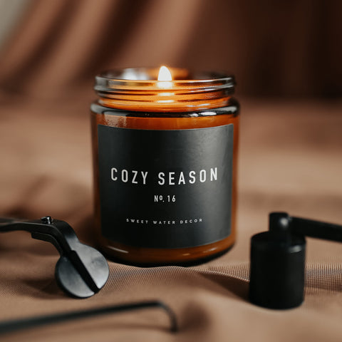 Sweet Water Decor Cozy Season Soy Candles - Fall Candles with Woods, Warm Spice, and Citrus Scent for Home Decor - Soy Candle with 40 Hours Burn Time - 9Oz Black Lid Amber Jar Candles Fall Scents