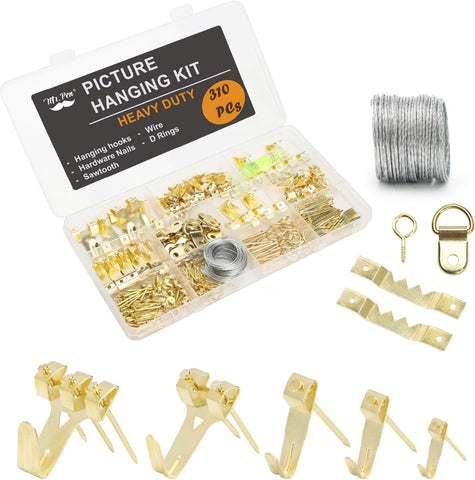 Mr. Pen- Picture Hanging Kit, 310 pcs, Gold, Assorted Hooks | Includes Nails, Sawtooth Hangers, D-Rings, Steel Wire, Ring Hooks, Home Wall Mount Hardware for Frames, Canvas, Décor