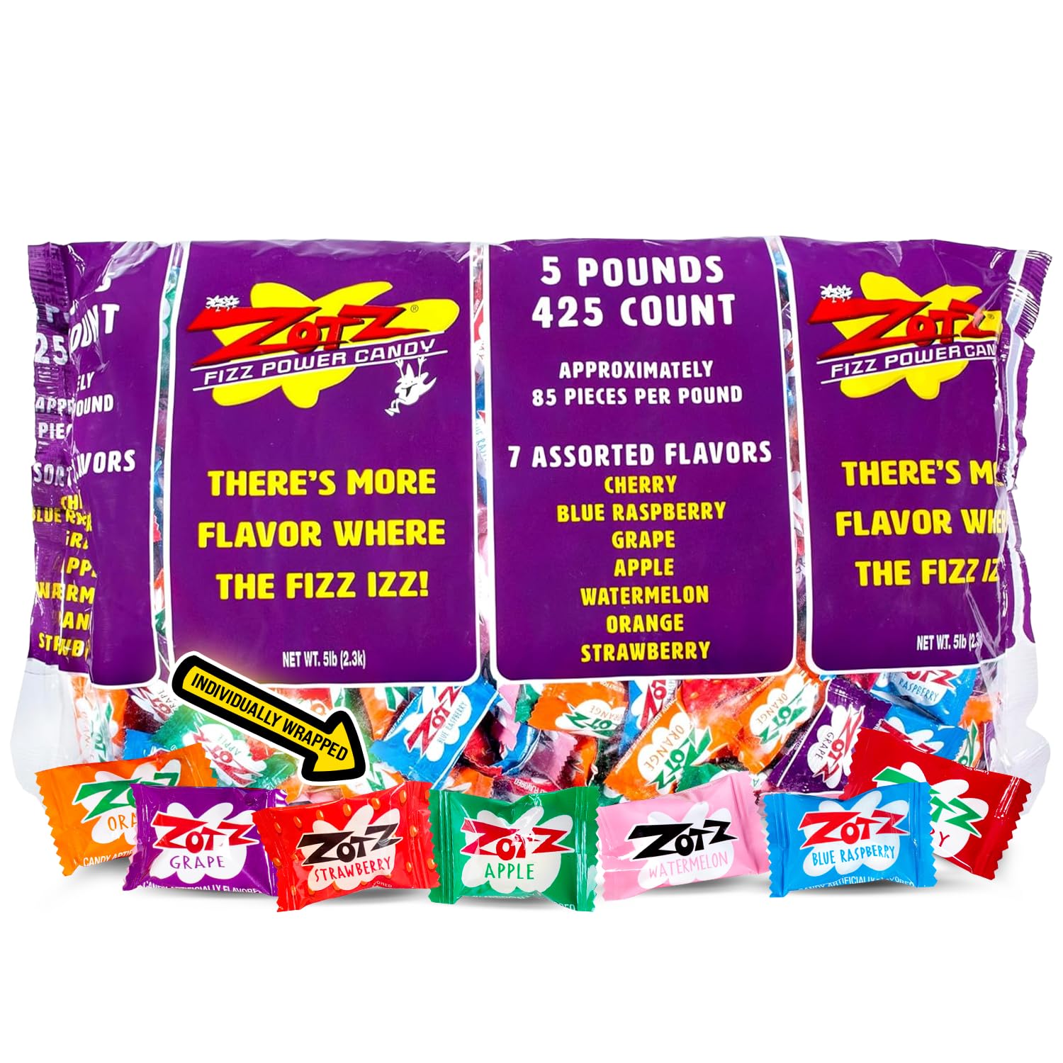 ZOTZ Fizzy Sour Candy Bulk - Retro Italian Hard Candy Individually Wrapped - Classic Nostalgic 7 Assorted Flavors Cherry, Watermelon, Strawberry, Blue Raspberry, Apple, Orange & Grape - 425 Pieces Bag for Party Favors, Goodie Bags, Piñata & Candy Buffet.