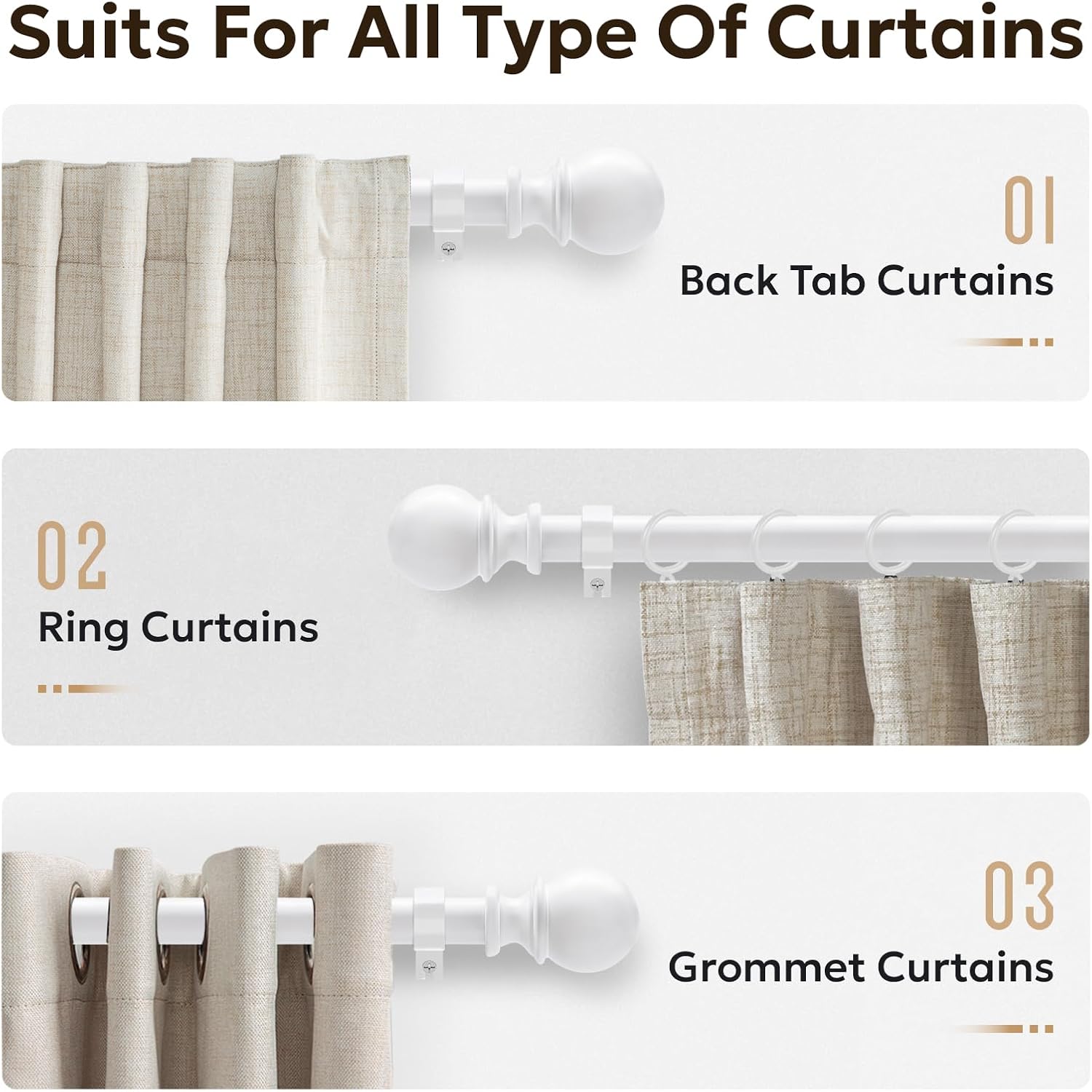 Zeerobee 1 Inch Adjustable Curtain Rods for Windows, 32"-144", White