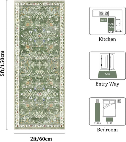 Yamaziot 2x5 Washable Hallway Runner Rug Non Slip Floral Carpet, Sage Green