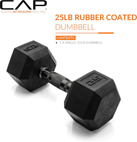 CAP Rubber Coated Dumbbell Weights, Free Weights for Home Gym Strength Training, Anti-Roll Hex Dumbbells with Black, Chrome & Comfort Grip Handles, Singles