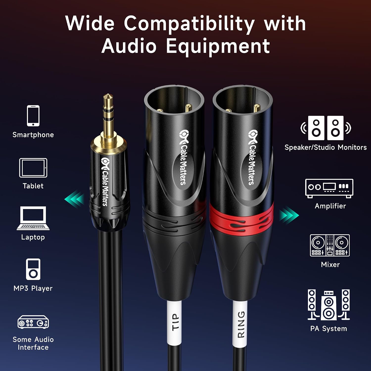 Cable Matters 3.5mm TRS to 2 XLR Cable, Male to Male, 6ft