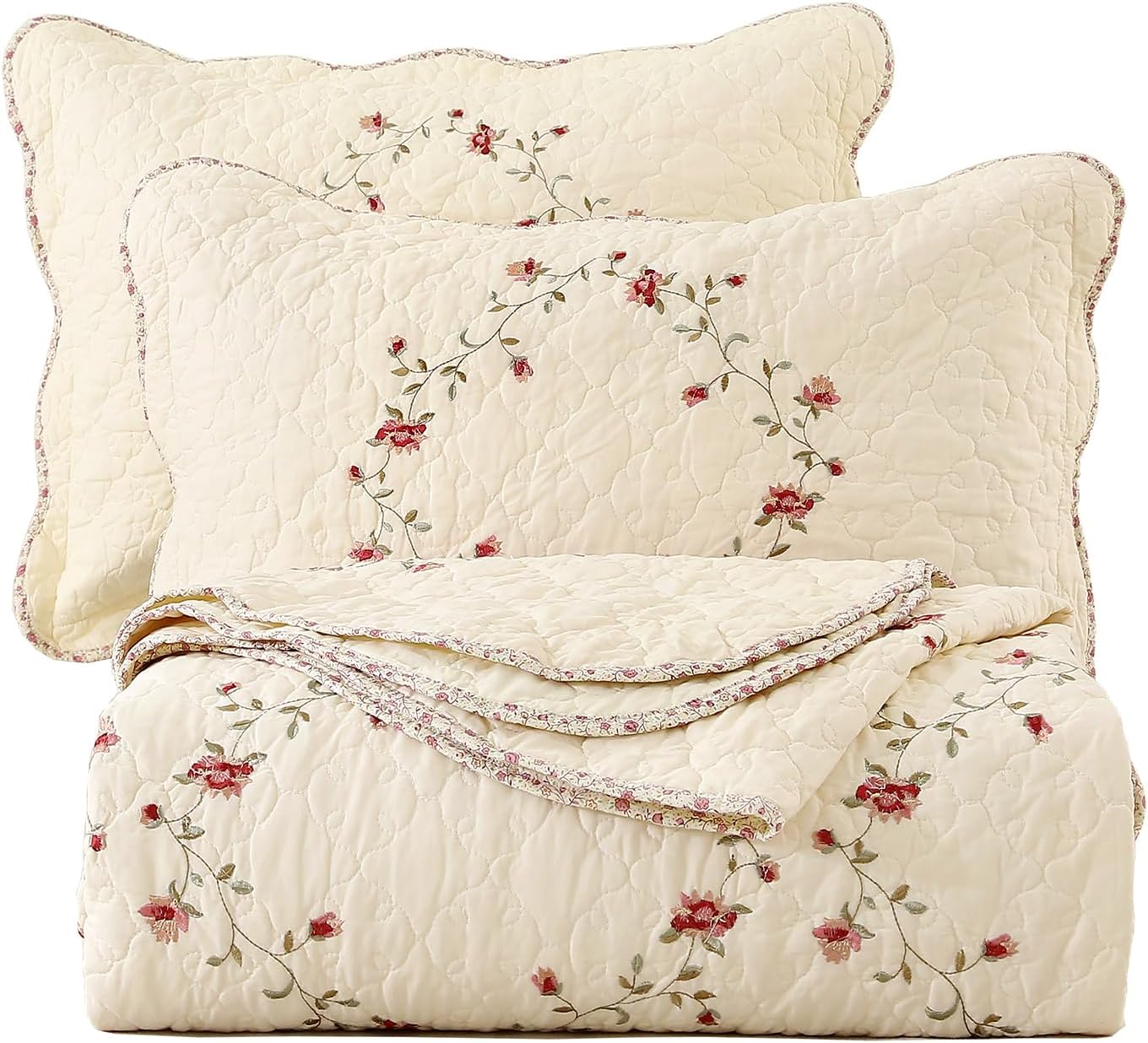 vctops 3-Piece Floral Embroidered Bedspread Coverlet Set 100% Cotton Reversible Patchwork 1 Quilt and 2 Pillow Shams Full/Queen, Flower