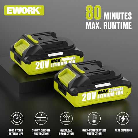 EWORK Leaf Blower, Leaf Blower Cordless with 2×2.0Ah Batteries and Charger