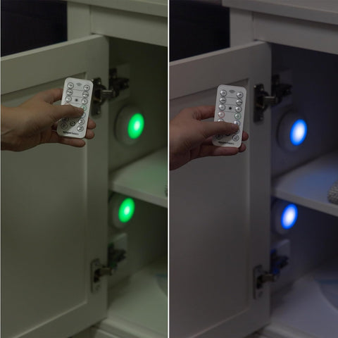 Amazon Basics LED Puck Lights, Color Changing, Battery Operated, IR Remote, 40 Lumens, Under Cabinet Lighting, Wireless Stick on Lights, Ideal for Closets, 2-Pack, White