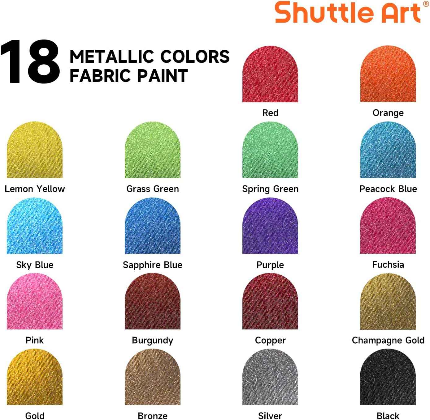 Metallic Fabric Paint, Shuttle Art 18 Metallic Colors Permanent Soft Fabric Paint in Bottles (60ml/2oz) with Brush and Stencils, Non-Toxic Textile Paint for T-shirts, Shoes, Jeans, Bags & DIY Projects