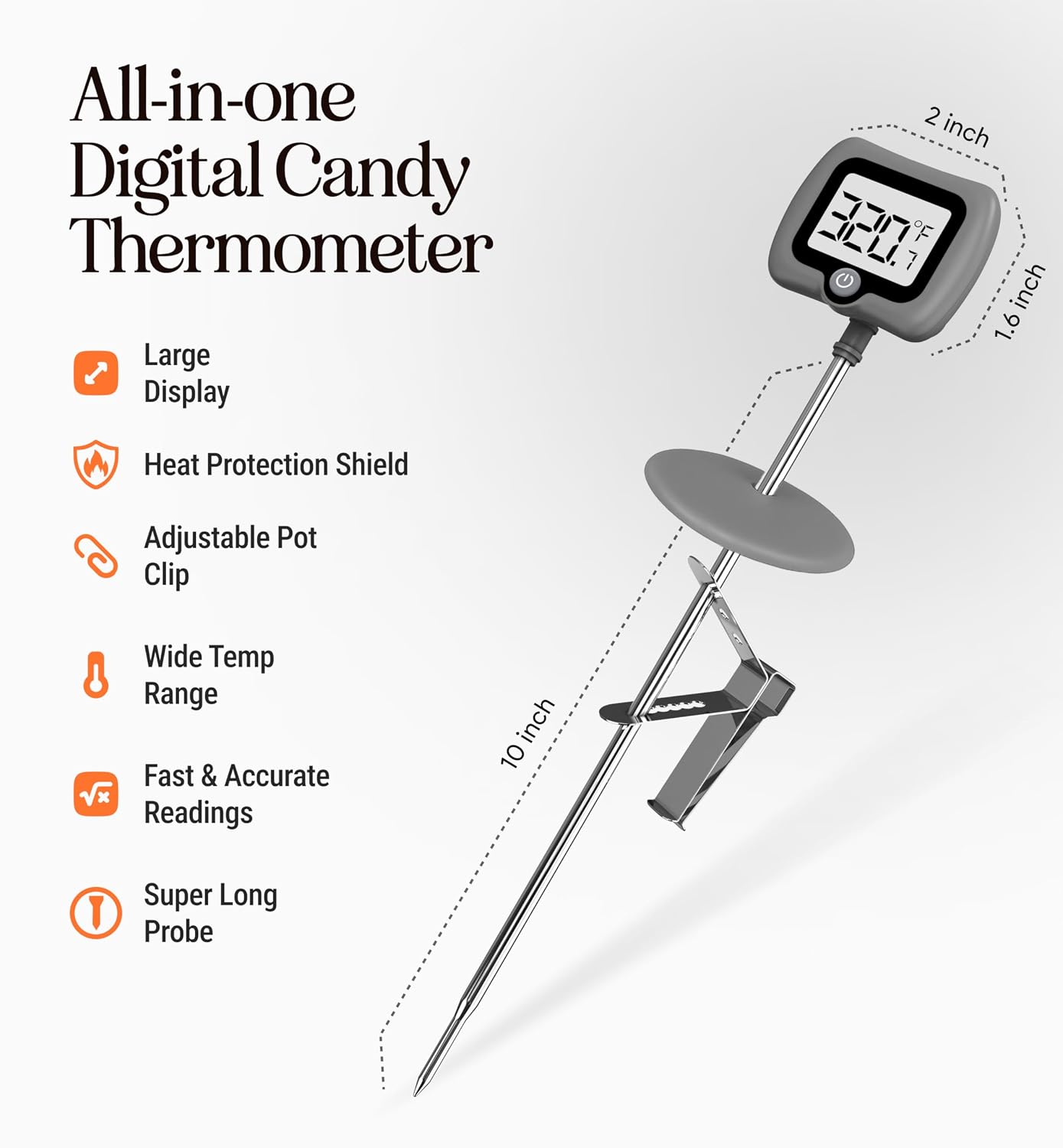 Digital Candy Thermometer with Pot Clip, 10" Long Stainless Steel Probe, Instant Read Kitchen Thermometer for Cooking, Baking, and Candy Making (Gray)