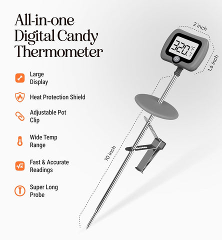Digital Candy Thermometer with Pot Clip, 10" Long Stainless Steel Probe, Instant Read Kitchen Thermometer for Cooking, Baking, and Candy Making (Gray)