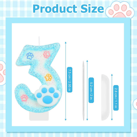 AKURIEEY Dog and Cat 3rd Birthday Candle Blue Paw Numbers 3 Candle