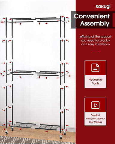 Sakugi Clothes Rack - 33.0" x 12.2" x 79.5" Clothing Rack with Shelves & Wheels, Multi-Functional Wardrobe Closet with Hooks, Sturdy Metal Garment Rack for Bedroom, Laundry, Balcony (Gold)