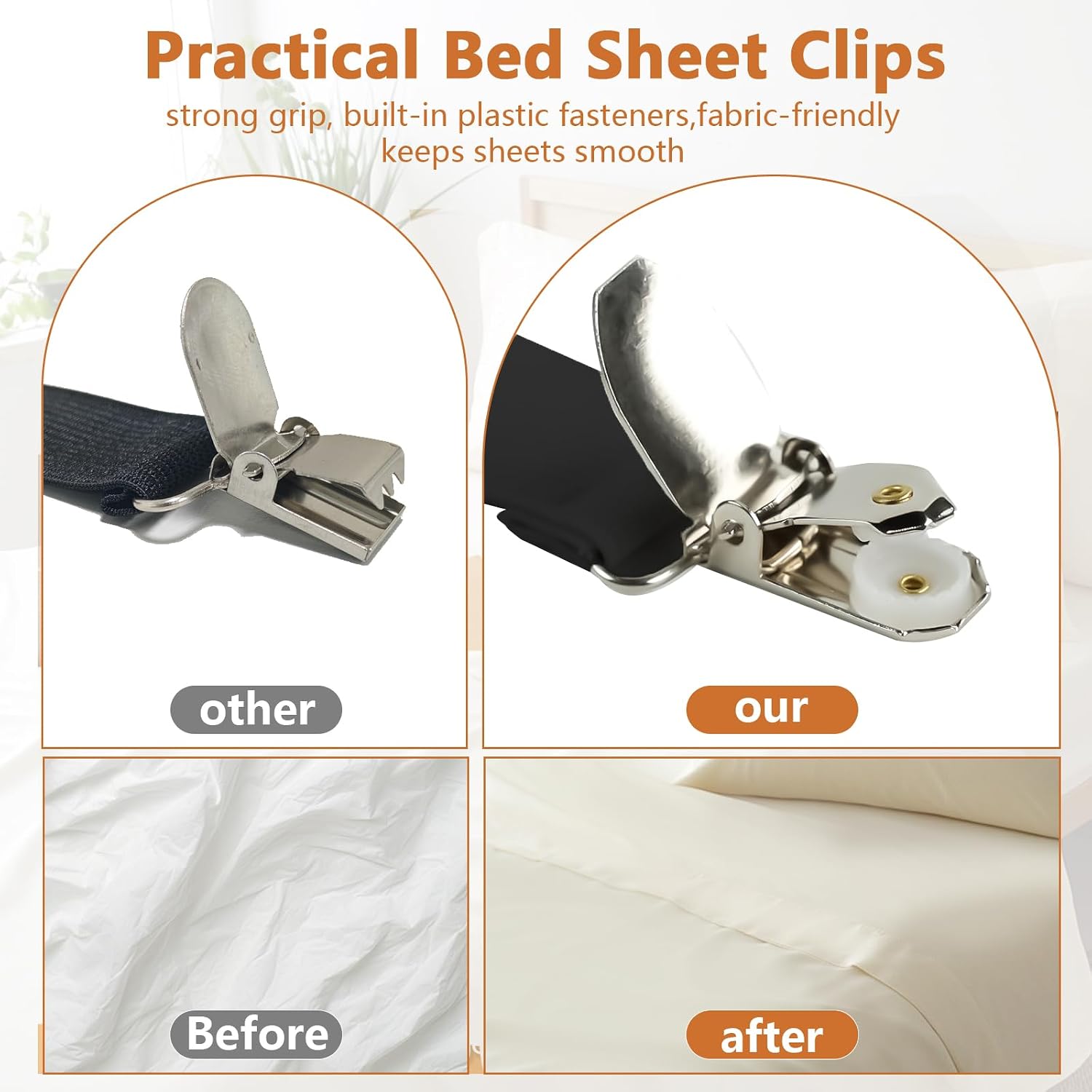 4 Pcs Adjustable Elastic Bed Sheet Straps with Metal Clips