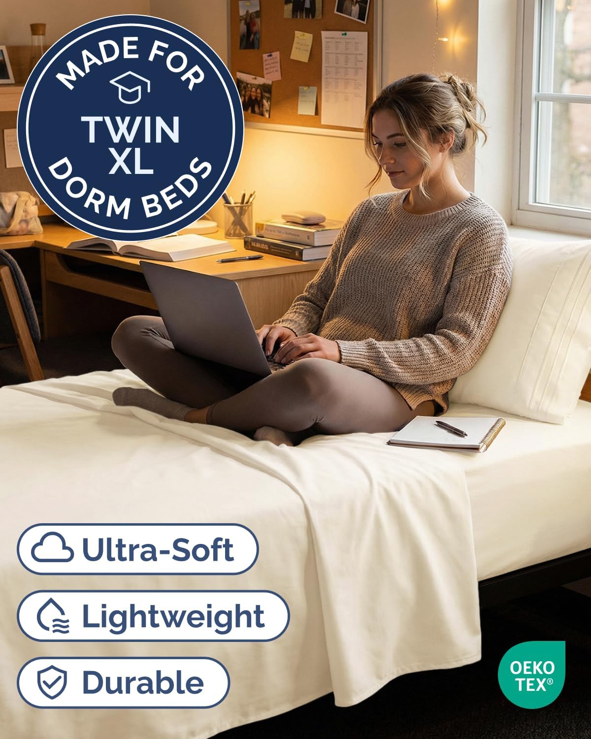 Twin XL 3 Piece Sheet Set - College Dorm Room Essentials - Off White