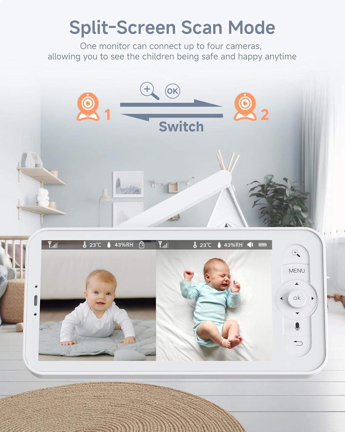 ARENTI Baby Monitor 2 Cameras D3 Set, 3MP WiFi 6, 5" Display,Free Phone App