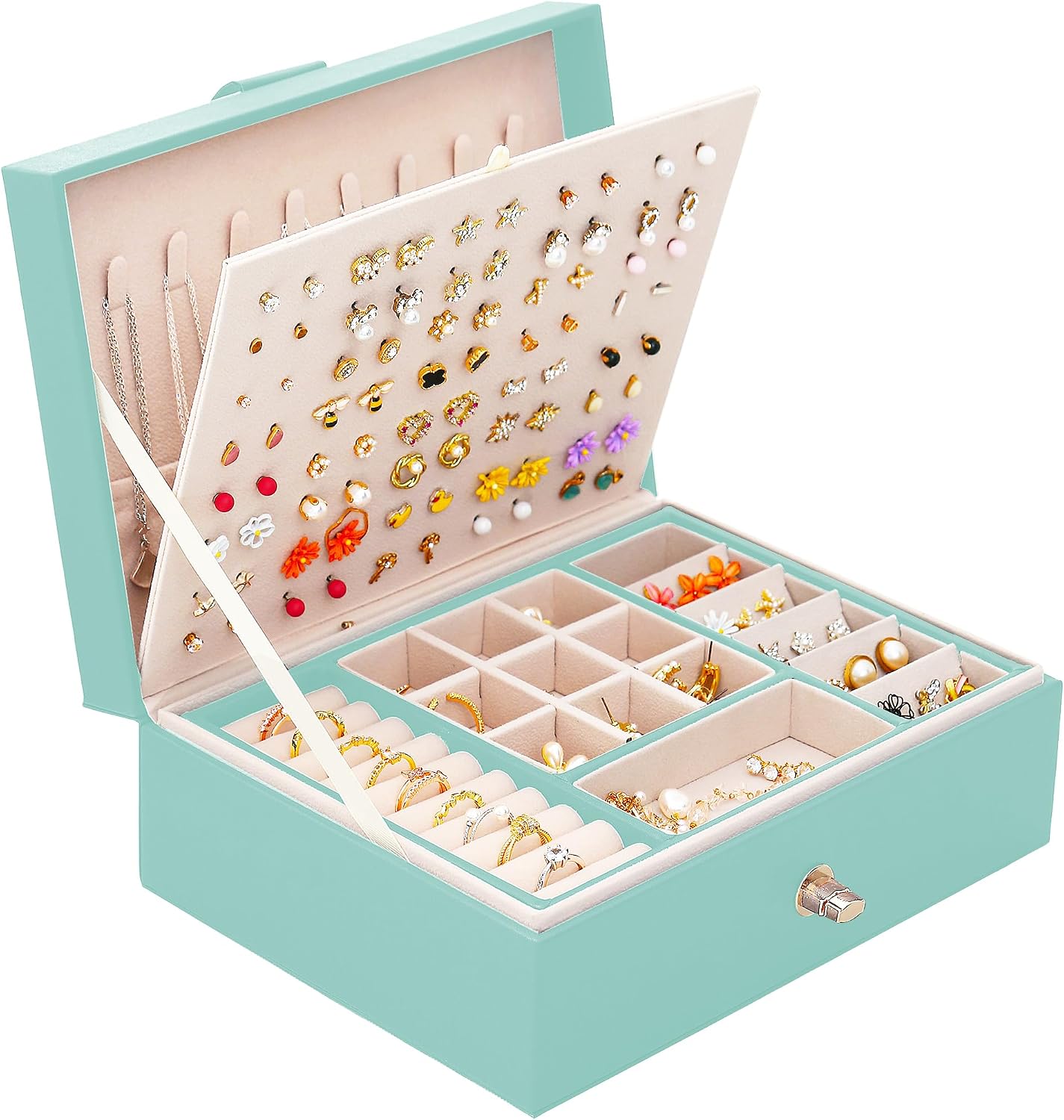 QBestry Girls Jewelry Box for Earrings Jewelry Organizer Box Teen Girls Earrings Organizer Jewelry Box Earring Holder Organizer Stud Earring Box for Girls Womens Jewelry Case Organizer Teal