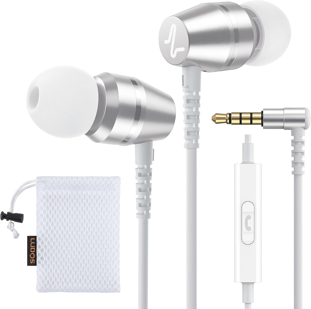 LUDOS OMNITONE Wired Earbuds in-Ear Headphones, 5 Year Warranty, Earphones with Microphone, 3.5 mm Jack Corded Ear Buds, Videoconference for iPhone, Samsung, Laptop, Kids, School Students - White