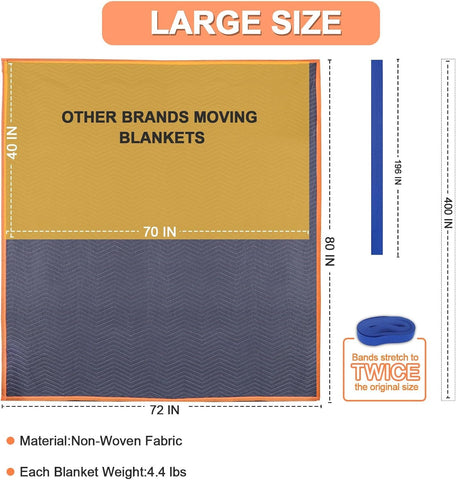 6Pk Heavy-Duty Moving Blankets 72x80in with 3 Large Rubber Band