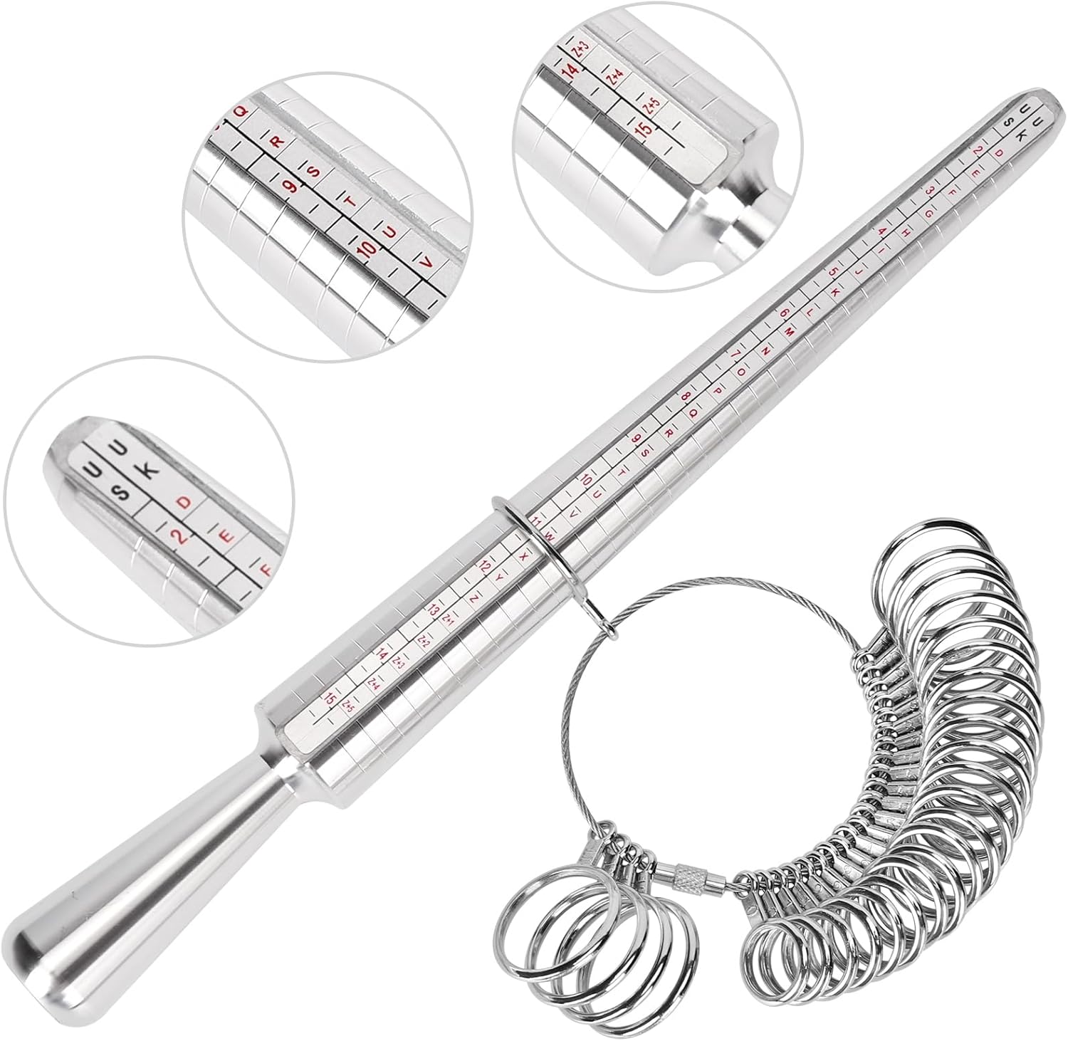 Ring Sizer Measuring Tool Kit, Ring Mandrel Measurer, 27 PCS Premium Steel Measuring Ring Tool, US Ring Size 0-13, 2 PCS Reusable Finger Size 1-17 USA Rings Size with Magnified Glass
