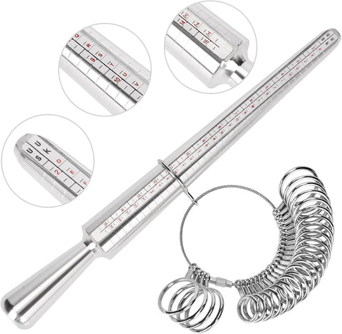 Ring Sizer Measuring Tool Kit, Ring Mandrel Measurer, 27 PCS Premium Steel Measuring Ring Tool, US Ring Size 0-13, 2 PCS Reusable Finger Size 1-17 USA Rings Size with Magnified Glass