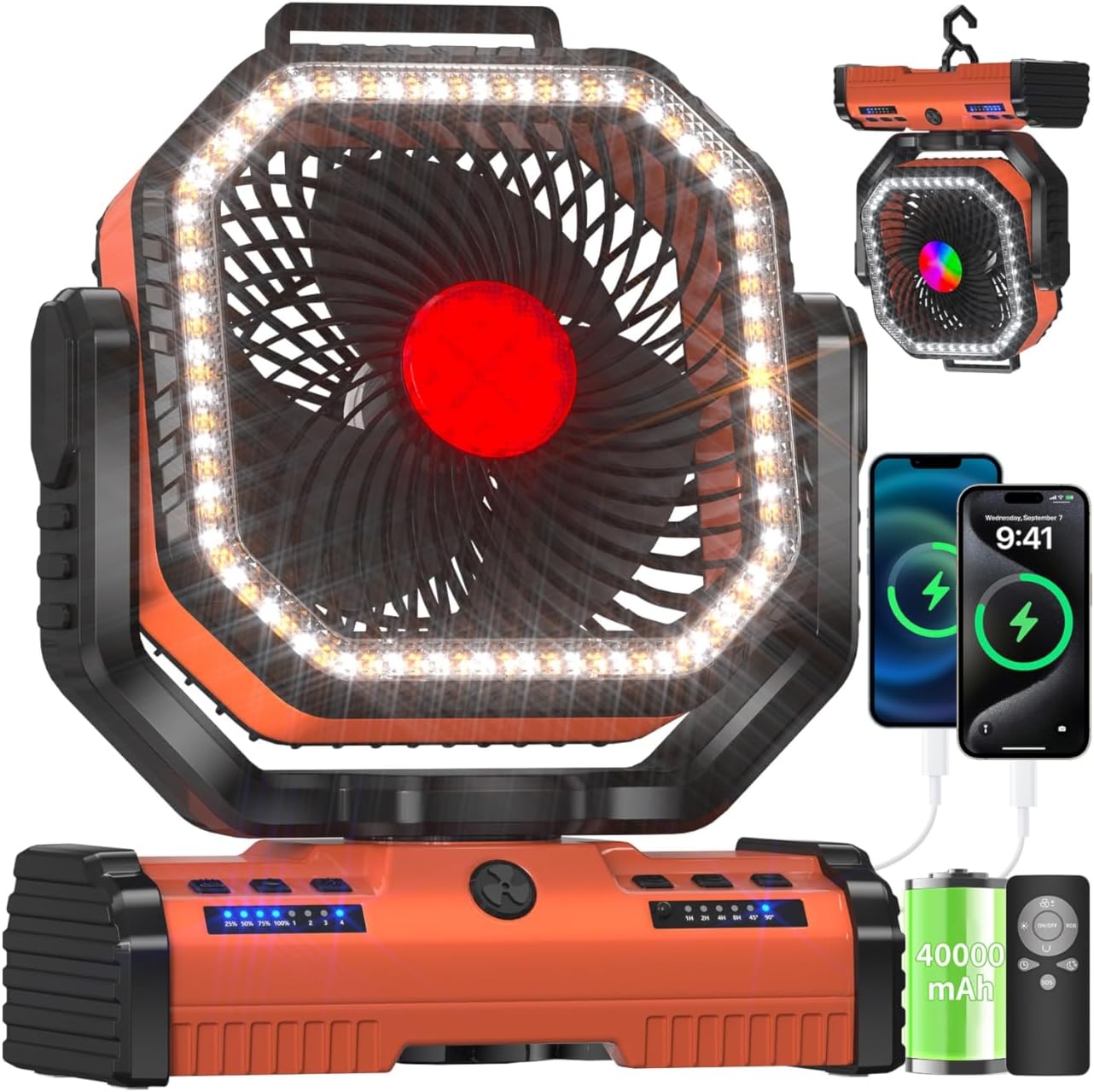 12 Inch Camping Fan Rechargeable,40000mAh Portable Powered Fan-Orange