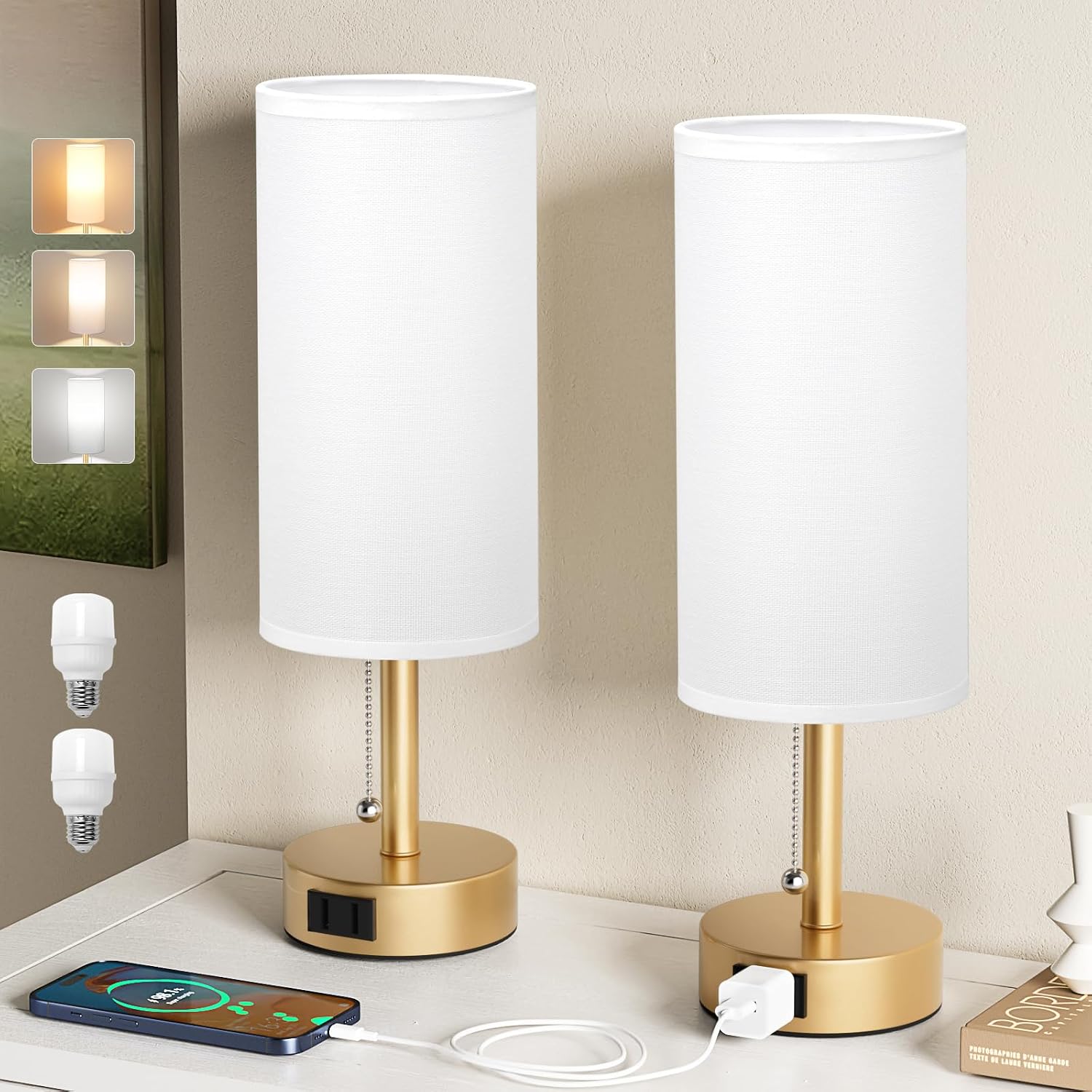 Gold Bedside Table Lamps Set of 2 - Bedroom Lamp for Desk, AC Outlet