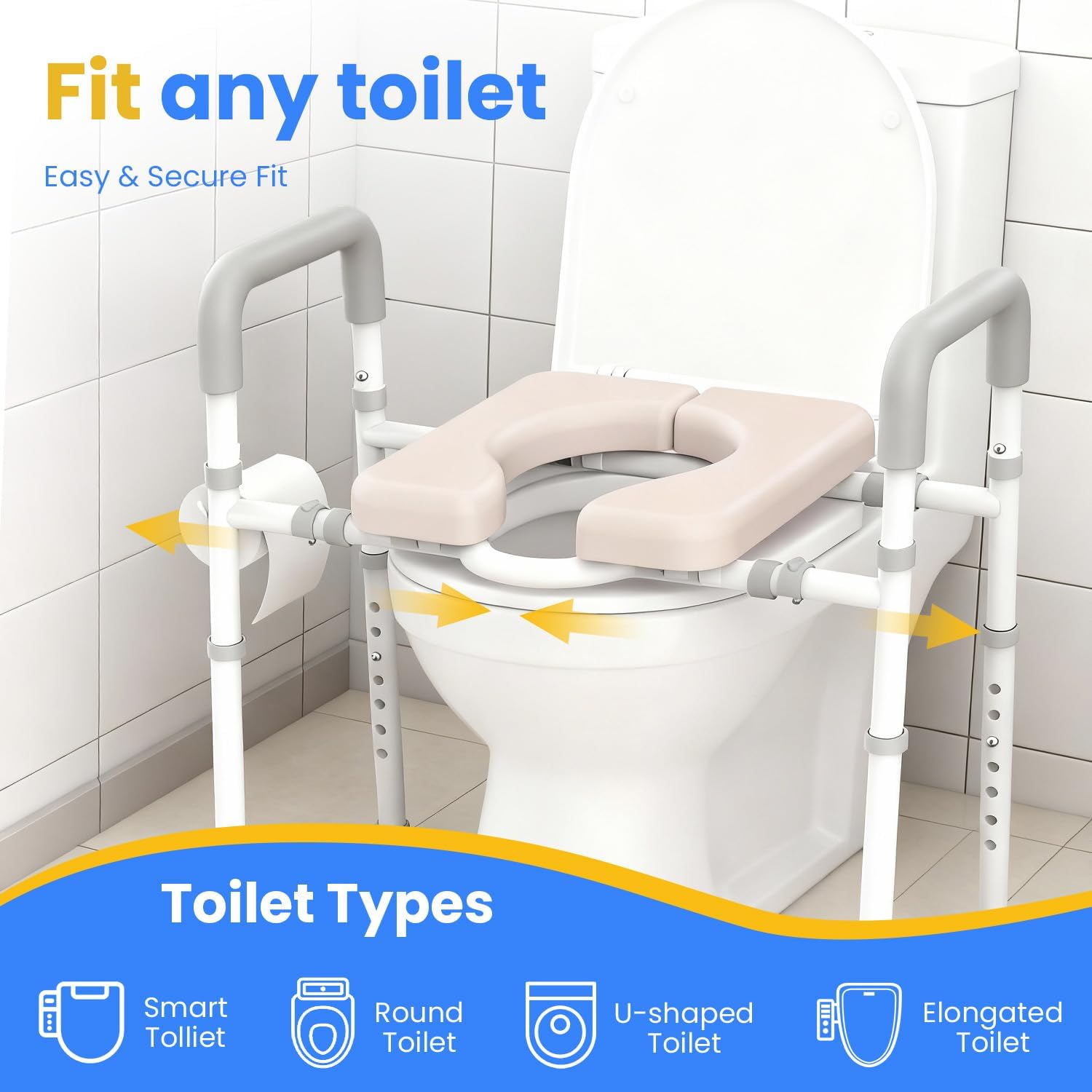 Male-Friendly Width & Height Adjustable Raised Toilet Seat With handles