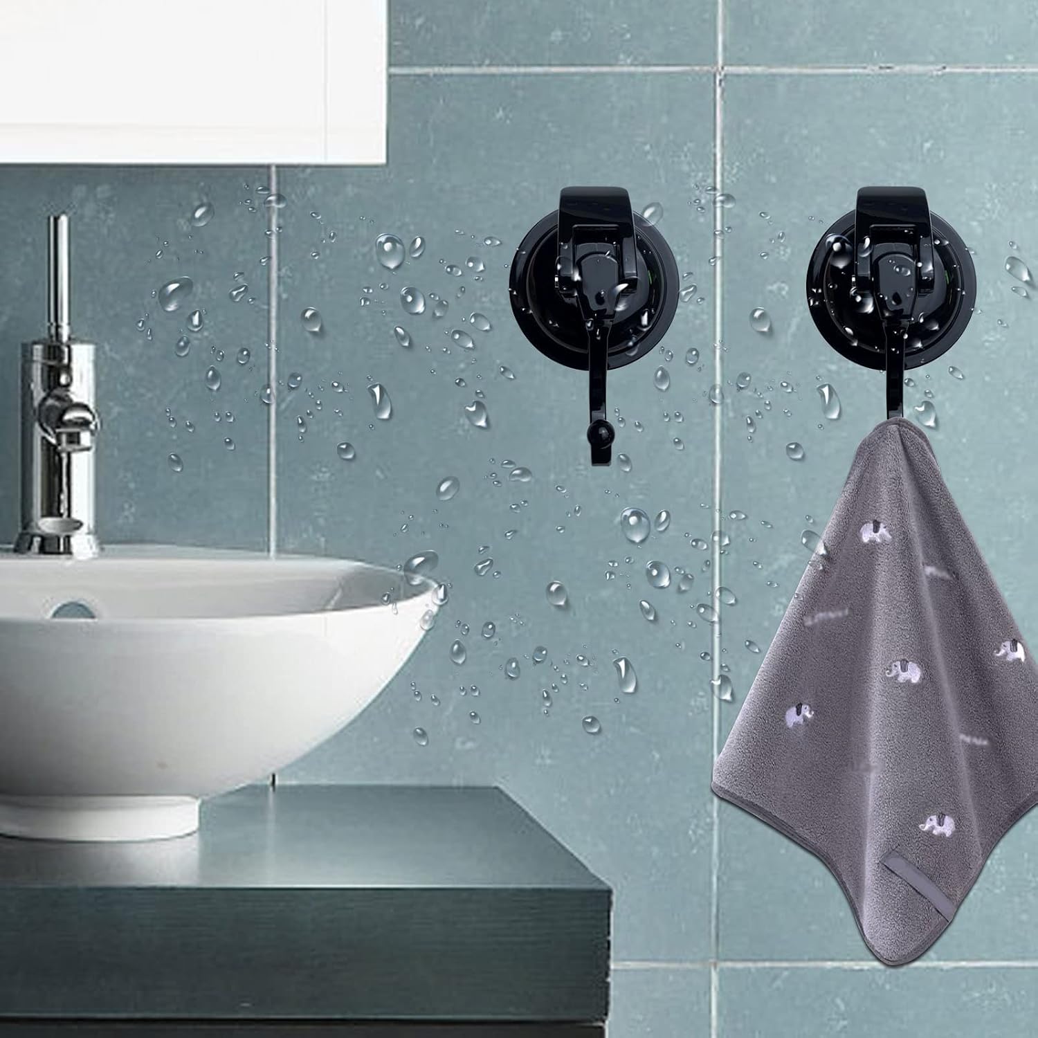 Heavy Duty Vacuum Suction Cup Hooks, ABS Plastic and TPU Rubber Shower Hooks, Bathroom Robe Hooks, Reusable, No Hole Punched, for Garland Decoration (Black, 2 Pack)