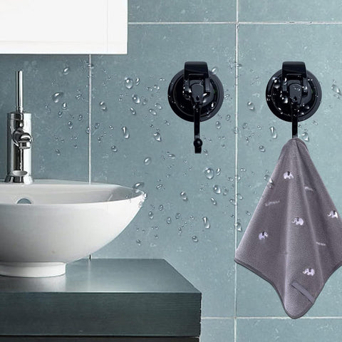 Heavy Duty Vacuum Suction Cup Hooks, ABS Plastic and TPU Rubber Shower Hooks, Bathroom Robe Hooks, Reusable, No Hole Punched, for Garland Decoration (Black, 2 Pack)
